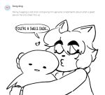  &lt;3 2020 anaugi anon anthro ask_blog clothed clothing domestic_cat duo english_text eyes_closed felid feline felis female hair hoodie hug humanoid kissing male mammal monochrome penny_(anaugi) short_hair simple_background sketch speech_bubble text topwear white_background 