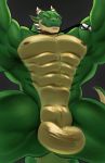  2020 abs animal_genitalia anthro balls barazoku countershading dark_nipples dragon genital_slit genitals green_body grey_background hi_res jewelry male muscular muscular_anthro muscular_male muscular_thighs necklace nude pcz pecs ragner scalie sharp_teeth simple_background slit solo teeth tooth_necklace western_dragon yellow_eyes 