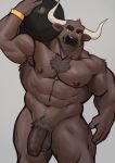  2020 abs absurd_res adios anthro armpit_hair balls biceps body_hair bovid bovine brown_body brown_fur carrying cattle chest_hair chest_tuft flaccid foreskin fur genitals green_eyes grey_background hi_res horn male mammal muscular muscular_anthro muscular_male nipples nude pecs penis pinup portrait pose pubes quads simple_background solo standing three-quarter_portrait triceps tuft uncut vein veiny_penis wristband 