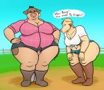 abby_(back_at_the_barnyard) anthro back_at_the_barnyard belly bessy_(back_at_the_barnyard) big_breasts big_butt blonde_hair bovid bovine breasts brown_body brown_fur butt clothed clothing digital_media_(artwork) duo ear_piercing ear_ring english_text female female_on_top fence fur green_eyes hair hi_res larger_female male mammal nickelodeon nude on_top overweight oystercatcher7 piercing pip_(back_at_the_barnyard) presenting sandwiched simple_background size_difference smaller_male solo text thick_thighs topwear 