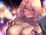  1boy 1girl aizawa_chihiro bangs beige_sweater blue_jacket blurry blurry_background blush breasts closed_mouth coat commentary_request green_eyes hair_between_eyes holding_another jacket medium_hair off_shoulder open_clothes open_coat original out_of_frame pink_hair ribbed_sweater smile sweater turtleneck turtleneck_sweater upper_body 