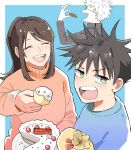  :d ^_^ bangs birthday_cake black_hair black_jacket blue_background blue_shirt blush brother_and_sister cake closed_eyes eyebrows_visible_through_hair food fushiguro_megumi fushiguro_tsumiki gojou_satoru green_eyes happy_birthday high_collar highres holding holding_food jacket jujutsu_kaisen long_hair long_sleeves looking_away open_mouth ponytail profile sankakuhi shirt short_hair siblings sidelocks simple_background smile spiked_hair sunglasses sweater swept_bangs turtleneck turtleneck_sweater upper_body upper_teeth white_hair younger 