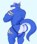  2020 absurd_res anthro back_muscles blue_background blue_body butt clothing countershade_butt crocobu digital_media_(artwork) dragon flat_colors gold_markings hi_res jockstrap male markings muscular muscular_anthro muscular_arms muscular_male portrait rear_view scalie simple_background solo three-quarter_portrait underwear western_dragon 