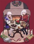 2girls basket breasts byuub candle chair christmas cookie cup edelgard_von_hresvelg fire_emblem fire_emblem:_three_houses fireplace food from_above full_body gift gloves highres indoors lysithea_von_ordelia medium_breasts multiple_girls pink_eyes red_background red_gloves sitting smile table teacup white_hair 