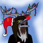  anthro antlers avian bajer_(jurij_bajer) beak bird cervid christmas christmas_clothing christmas_headwear christmas_lights clothed clothing corvid hair hat headgear headwear holarctic_magpie holidays horn hybrid jurij_bajer long_hair magpie_(corvid) male mammal open_beak open_mouth oscine passerine pendant red_nose santa_hat simple_background solo yellow_sclera 