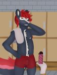  absurd_res anthro bodily_fluids boxers_(clothing) bulge clothing digital_media_(artwork) fur gym hi_res hybrid locker_room luban_(artist) lubanart male mammal mephitid simple_background skunk solo sweat towel_on_shoulder underwear 