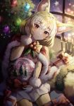  1girl absurdres animal_ear_fluff animal_ears blonde_hair blush brown_eyes candle capelet christmas christmas_tree closed_mouth commentary_request eyebrows_visible_through_hair feet_out_of_frame fennec_(kemono_friends) fox_ears fur_trim gift hair_between_eyes hand_in_hair head_tilt highres kemono_friends light_smile looking_at_viewer mirage48291584 red_capelet short_hair sitting snow_globe snowflakes solo window wreath 