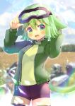  1girl :d animal_ears arms_up bangs black_legwear black_shorts blurry blurry_background blush cat_ears cat_girl cat_tail depth_of_field eyebrows_visible_through_hair fang goggles goggles_on_head green_eyes green_hair green_jacket green_sweater hair_between_eyes jacket kouu_hiyoyo long_sleeves looking_at_viewer open_clothes open_jacket open_mouth original puffy_long_sleeves puffy_sleeves short_shorts shorts smile solo sweater tail thighhighs 