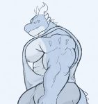  2020 absurd_res anthro big_bulge big_muscles bulge crocobu digital_media_(artwork) dragon half-length_portrait hi_res huge_pecs male muscular muscular_anthro muscular_male portrait restricted_palette scalie side_view sleeveless_shirt solo western_dragon 