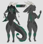  5_fingers anthro anzu_kaminaga asian_mythology black_hair breasts butt_from_the_front countershading dragon east_asian_mythology eastern_dragon featureless_breasts featureless_crotch female fingers front_view fur gradient_hair green_body green_eyes green_fur green_hair grey_body grey_skin hair hi_res horn long_hair model_sheet mythology non-mammal_breasts nude rear_view reverse_countershading scales scalie short_stack simple_background small_feet solo tail_tuft thick_tail thick_thighs thigh_gap tuft whiskers white_background wide_hips zoyler 