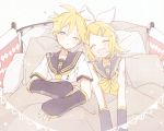  1boy 1girl arm_warmers bangs bare_shoulders bed black_collar blonde_hair blue_eyes bow closed_eyes collar commentary fortissimo grey_collar hair_bow hair_ornament hairclip half-closed_eye headphones kagamine_len kagamine_len_(append) kagamine_rin kagamine_rin_(append) light_blush looking_at_viewer lying neckerchief necktie on_back one_eye_closed open_mouth pillow sailor_collar school_uniform shirt short_hair short_ponytail short_sleeves shoulder_tattoo sleeveless sleeveless_shirt smile spiked_hair string_of_flags suzumi_(fallxalice) swept_bangs tattoo under_covers upper_body vocaloid vocaloid_append white_bow white_shirt yellow_neckwear 