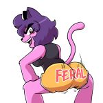  2020 anaugi anthro big_butt bottomwear butt clothed clothing crouching domestic_cat english_text fangs felid feline felis female fur hair hi_res looking_back mammal open_mouth open_smile penny_(anaugi) pink_body pink_fur purple_hair rear_view red_eyes shirt short_hair shorts simple_background smile solo text text_on_clothing topwear twerking white_background 