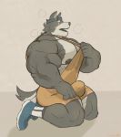  2020 absurd_res anthro big_bulge big_muscles black_nipples black_tongue blue_clothing blue_footwear bodily_fluids brown_clothing bulge canid canine canis clothing countershading crocobu digital_media_(artwork) domestic_dog footwear fur grey_body grey_fur hi_res huge_muscles huge_pecs husky kneeling male mammal muscular muscular_anthro muscular_arms muscular_male musk nipples nordic_sled_dog open_mouth signature simple_background socks solo spitz sweat tongue wrestling_singlet yellow_eyes 