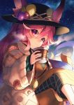  1girl animal_ear_fluff animal_ears blue_hair blush bunny_ears cleo_(dragalia_lost) commentary_request cup dragalia_lost dress eyebrows_visible_through_hair gradient_hair green_dress hat hat_ornament highres holding holding_cup jacket light light_smile long_hair long_sleeves looking_at_viewer mug multicolored_hair nakabayashi_zun nebula night night_sky overall_skirt purple_eyes purple_hair raised_eyebrows shadow signature sitting skirt sky smile solo star_(sky) starry_sky steam very_long_hair watermark white_jacket yellow_skirt 