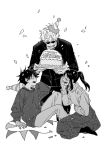  1girl 2boys bangs birthday_cake blush brother_and_sister cake confetti food full_body fushiguro_megumi fushiguro_tsumiki gojou_satoru greyscale hair_between_eyes happy_birthday hat highres holding holding_plate jamon0iberico jujutsu_kaisen knees_up long_skirt long_sleeves looking_at_another monochrome multiple_boys open_mouth pants party_hat plate ponytail round_eyewear shirt siblings sidelocks simple_background sitting skirt spiked_hair sunglasses sweater turtleneck turtleneck_sweater 