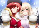  2girls alternate_costume beret black_gloves blush breasts brown_hair coffee_cup commentary copyright_name cup disposable_cup english_commentary eyes_visible_through_hair genshin_impact gloves green_eyes hat highres honkai_(series) honkai_impact_3rd large_breasts lion_space lisa_(genshin_impact) multiple_girls murata_himeko red_hair seiyuu_connection snow sweater tanaka_rie tree white_sweater yellow_eyes 