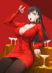  1girl artist_name black_hair breasts cherry choker cleavage cocktail cocktail_glass commentary_request condensation cup dress drinking_glass earrings eyebrows_visible_through_hair flower_choker food food_in_mouth fruit highres jewelry jun_(seojh1029) large_breasts long_hair long_sleeves looking_at_viewer nail_polish original pantyhose reclining red_choker red_dress solo 