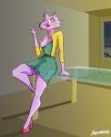  2017 anthro bojack_horseman breasts clothed clothing domestic_cat dress felid feline felis female footwear full-length_portrait fur furniture green_clothing green_dress green_eyes hi_res high_heels jacket leon-raven looking_at_viewer mammal netflix nipples on_one_leg one_breast_out open_mouth partially_clothed pink_body pink_fur portrait princess_carolyn shoes sitting solo standing table topwear 