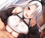  1boy 1girl azur_lane bangs black_gloves black_jacket black_ribbon blush breast_squeeze breasts clothes_lift forehead gloves hair_ribbon hairband hetero highres jacket large_breasts long_hair long_sleeves looking_at_viewer necktie off_shoulder open_clothes open_jacket open_mouth paizuri paizuri_under_clothes parted_bangs prinz_heinrich_(azur_lane) red_eyes renetan ribbed_sweater ribbon sleeveless sleeveless_turtleneck smile sweater sweater_lift turtleneck underboob white_hair 