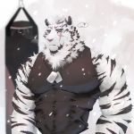  1:1 2020 anthro arknights blue_eyes clothed clothing digzoo felid fur male mammal mountain_(arknights) muscular muscular_anthro muscular_male pantherine scar simple_background solo striped_body striped_fur stripes tiger white_body white_fur 