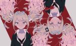  bear_hair_ornament blonde_hair blue_eyes breasts bunny_hair_ornament cleavage danganronpa:_trigger_happy_havoc danganronpa_(series) english_text enoshima_junko hair_ornament highres ikusaba_mukuro long_hair necktie negoto_o pink_hair red_background school_uniform siblings simple_background sisters twins twintails 