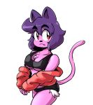  2020 anaugi anthro big_breasts bottomwear breasts chest_tuft cleavage clothed clothing crop_top cute_fangs cutoffs denim denim_clothing domestic_cat felid feline felis female hair hi_res hoodie looking_away mammal midriff penny_(anaugi) pink_body pink_hair purple_hair red_eyes shirt short_hair shorts simple_background solo topwear tuft under_boob undressing white_background 