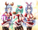 3girls android animal_ears bikini blue_hair breasts bunny_ears christmas gift green_eyes green_hair hat highres joints kos-mos large_breasts multiple_girls nke_toumi ponytail poppi_(xenoblade) poppi_qtpi_(xenoblade) robot_ears robot_joints santa_hat swimsuit thighhighs xenoblade_chronicles_(series) xenosaga 