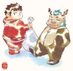  2020 anthro chubby_protagonist_(tas) clothing costume duo gouryou hi_res human kemono male mammal onesie protagonist_(tas) santa_costume slightly_chubby suid suina sus_(pig) tokyo_afterschool_summoners video_games wild_boar yukimushi6 