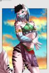  absurd_res anthro canid canine canis clothed clothing crossdressing ear_piercing ear_ring felid fur hi_res hybrid male mammal pantherine piercing skylosminkan solo stripes tiger white_body white_fur wolf 