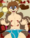  anthro brown_body brown_fur brown_hair bulge canid canine canis ceiling_fan clothed clothing dialogue dialogue_box embarrassed fur hair herro looking_at_viewer male mammal morenatsu open_mouth shun_(morenatsu) solo tan_body tan_fur underwear underwear_only video_games visual_novel wolf 