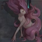 1girl blue_eyes breasts collarbone completely_nude lips long_hair monster_girl nude open_mouth original pink_hair scylla shadow small_breasts solo suction_cups tentacles wall watermark web_address zhaoyebai 