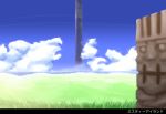  choukichi cloud commentary_request grass island letterboxed no_humans ocean ragnarok_online scenery sky statue tower translated water 