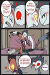  &lt;3 4_eyes absurd_res anthro avian bed bird blitzo_(vivzmind) blush clothed clothing comic danidrawsandstuff demon duo eyes_closed furniture hand_holding head_to_head helluva_boss hi_res imp male male/male multi_eye owl pillow red_eyes smile speech_bubble stolas_(vivzmind) text 