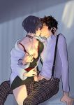  1boy 1girl absurdres amamiya_ren black_hair bra breasts closed_eyes collar erection french_kiss handjob highres jewelry kiss labcoat lace-trimmed_bra lace_trim miracleyuuki necklace nipples one_breast_out pants penis persona persona_5 plaid plaid_pants red_bra short_hair shuujin_academy_uniform studded_choker studded_collar sweat takemi_tae unaligned_breasts underwear undressing 