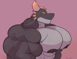  2020 abs anthro archer_(crocobu) big_muscles black_body black_nipples countershading crocobu digital_media_(artwork) dragon half-length_portrait hi_res huge_muscles hyper hyper_muscles hyper_pecs looking_at_viewer male muscular muscular_anthro muscular_arms muscular_male muscular_neck nipples nude orange_eyes pink_background portrait scalie side_view signature simple_background solo topless_male western_dragon 