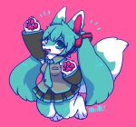  2020 4_fingers 4_toes alternate_species anthro armwear blush blush_stickers bottomwear canid canine clothed clothing cute_fangs digital_media_(artwork) digitigrade dipstick_ears dipstick_tail dress_shirt eyebrows female fingers fox fully_clothed fur furrification green_body green_fur hair hatsune_miku headgear headphones headset hi_res kemono long_hair looking_at_viewer mammal multicolored_ears multicolored_tail necktie open_mouth open_smile pawpads pigtails pink_background shirt simple_background skirt smile solo toes topwear vocaloid white_body white_fur wolfwithwing 
