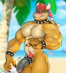  2020 5_fingers absurd_res accessory anthro balls big_muscles big_pecs blurred_background blush bowser bracelet cock_ring collar crotch_tuft fingers foreskin genitals hair hi_res humanoid_genitalia humanoid_hands humanoid_penis jewelry koopa male mario_bros mrsleepyskull muscular muscular_anthro muscular_arms muscular_male nintendo outside palm_tree pecs penis penis_accessory penis_jewelry plant red_hair scalie shell solo spiked_bracelet spiked_cock_ring spiked_collar spiked_shell spikes spikes_(anatomy) tree tuft uncut vein veiny_penis video_games 