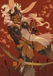  1girl animal_ears arrow_(projectile) bow_(weapon) breasts bunny_ears cleavage dark_skin dark_skinned_female dutch_angle ears_through_headwear final_fantasy final_fantasy_xii fingernails fran_(ff12) helmet highres holding holding_weapon large_breasts long_fingernails long_hair looking_at_viewer navel poch4n red_eyes revealing_clothes solo thighhighs viera weapon white_hair 
