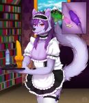  2017 anal_beads anthro canid canine clothing collar deerstail digital_media_(artwork) dildo eyebrows eyelashes girly hair internal legwear maid_uniform male mammal prostate prostate_stimulation purple_hair red_eyes sex_toy solo stockings uniform vibrator 