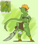  anthro big_butt butt female green_body hand_on_hip hi_res holding_object holding_sword holding_weapon joaoppereiraus lizard looking_back melee_weapon reptile scalie solo sword weapon 