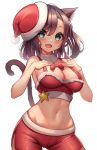  1girl :d animal_ear_fluff animal_ears blush breasts brown_hair cat_ears cat_tail christmas cleavage contrapposto cowboy_shot fang green_eyes hair_between_eyes hat heart heart-shaped_pupils highres kaptivate large_breasts looking_at_viewer medium_hair midriff navel open_mouth original pom_pom_(clothes) red_headwear red_shorts santa_costume santa_hat shorts simple_background smile solo standing star_(symbol) symbol-shaped_pupils tail virtual_youtuber white_background 