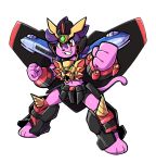  3_toes 4_fingers absurd_res anaugi anthro armor belt_pouch bottomwear clothing domestic_cat drill felid feline felis female fingers fist fur gaogaigar_(series) hair hi_res looking_at_viewer mammal midriff navel penny_(anaugi) pink_body pink_fur pose purple_hair red_eyes short_hair shorts simple_background smile solo standing toeless_footwear toes train vehicle white_background wings 