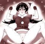  1girl after_sex after_vaginal arms_up blush bottomless breasts cum cum_in_pussy gentoo_penguin_(kemono_friends) gloves hair_between_eyes happy_sex hat highres kemono_friends long_hair lying medium_breasts on_back pussy santa_costume santa_hat sex simple_background snowflakes spread_legs tail watayoshi_(suiiho) 