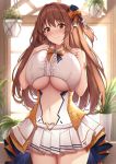  1girl armlet azur_lane baltimore_(muse)_(azur_lane) bangs bare_shoulders blush bow breasts brown_eyes brown_hair center_opening cleavage closed_mouth clothing_cutout commentary_request cowboy_shot fou_zi hair_bow hair_ornament hand_on_own_chest hat heart_belt highres idol indoors jewelry large_breasts long_hair mini_hat mini_top_hat miniskirt navel navel_cutout nozomi_(princess_connect!) orange_bow plant pleated_skirt princess_connect! princess_connect!_re:dive ring skirt smile thighs top_hat underboob underboob_cutout white_skirt window 