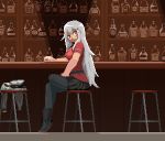  1girl alcohol bangs bar bar_stool black_footwear black_legwear black_skirt boots bottle breasts crossed_legs cup drinking_glass gangut_(kantai_collection) grey_hair hat hat_removed headwear_removed holding holding_cup indoors jacket jacket_removed kantai_collection kireina_to_shun large_breasts long_hair pantyhose pixel_art pleated_skirt red_eyes red_shirt scar scar_on_face shirt short_sleeves skirt solo stool 
