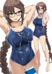  1girl armpits arms_behind_head arms_up bangs bare_shoulders barefoot black-framed_eyewear blue_swimsuit blush breasts brown_eyes brown_hair collarbone consort_yu_(fate) covered_navel earrings fate/grand_order fate_(series) full_body glasses hidebuu highres jewelry large_breasts long_hair looking_at_viewer milk milk_carton multiple_earrings multiple_views one-piece_swimsuit open_mouth simple_background suggestive_fluid swimsuit thighs very_long_hair white_background 