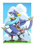  2020 3:4 absurd_res anthro avian blue_body blue_feathers bow_(weapon) breath_of_the_wild feather_hands feathers flat_colors full-length_portrait hi_res jrjresq male nintendo outside portrait ranged_weapon revali rito side_view solo standing the_legend_of_zelda video_games weapon 