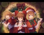  3girls :d ;) alice_margatroid alternate_costume bag blonde_hair blue_eyes blurry blush bokeh bow braid brown_eyes brown_hair candy candy_cane christmas commentary_request depth_of_field dress food green_bow hair_bow hakurei_reimu hat highres holding holding_bag holding_candy_cane kirisame_marisa long_hair looking_at_viewer multiple_girls no_hat no_headwear one_eye_closed ookashippo open_mouth pom_pom_(clothes) red_bow red_dress red_headwear santa_hat short_hair side_braid single_braid smile touhou upper_body white_bow wreath yellow_eyes 