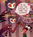  &lt;3 4_eyes anthro avian bird blitzo_(vivzmind) comic demon duo eye_contact hand_behind_back helluva_boss hi_res imp looking_at_another male male/male mistletoe mlavieer multi_eye owl plant red_eyes scarf smile speech_bubble stolas_(vivzmind) text 