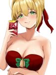  1girl ahoge bangs bare_shoulders bell bikini blonde_hair blush braid breasts christmas cleavage collarbone condom_box fate/extra fate_(series) french_braid green_eyes hair_bun hair_intakes highres huge_filesize jingle_bell large_breasts licking_lips long_hair looking_at_viewer nero_claudius_(fate) nero_claudius_(fate)_(all) red_bikini red_ribbon ribbon shokan_(pixiv61462319) simple_background smile swimsuit tongue tongue_out white_background 